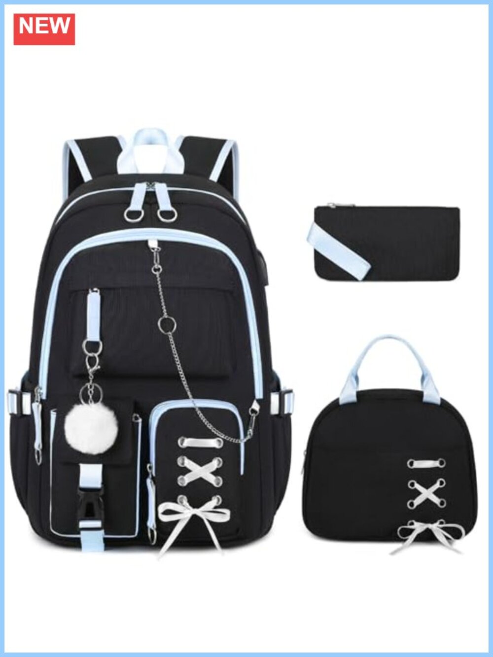 Girls 3Pc Backpack Set Lunch Bag USB Port Water Resistant 900D Oxford